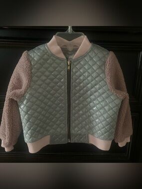 Girls Quilted Metallic Silver Bomber Jacket with Pink Trim
